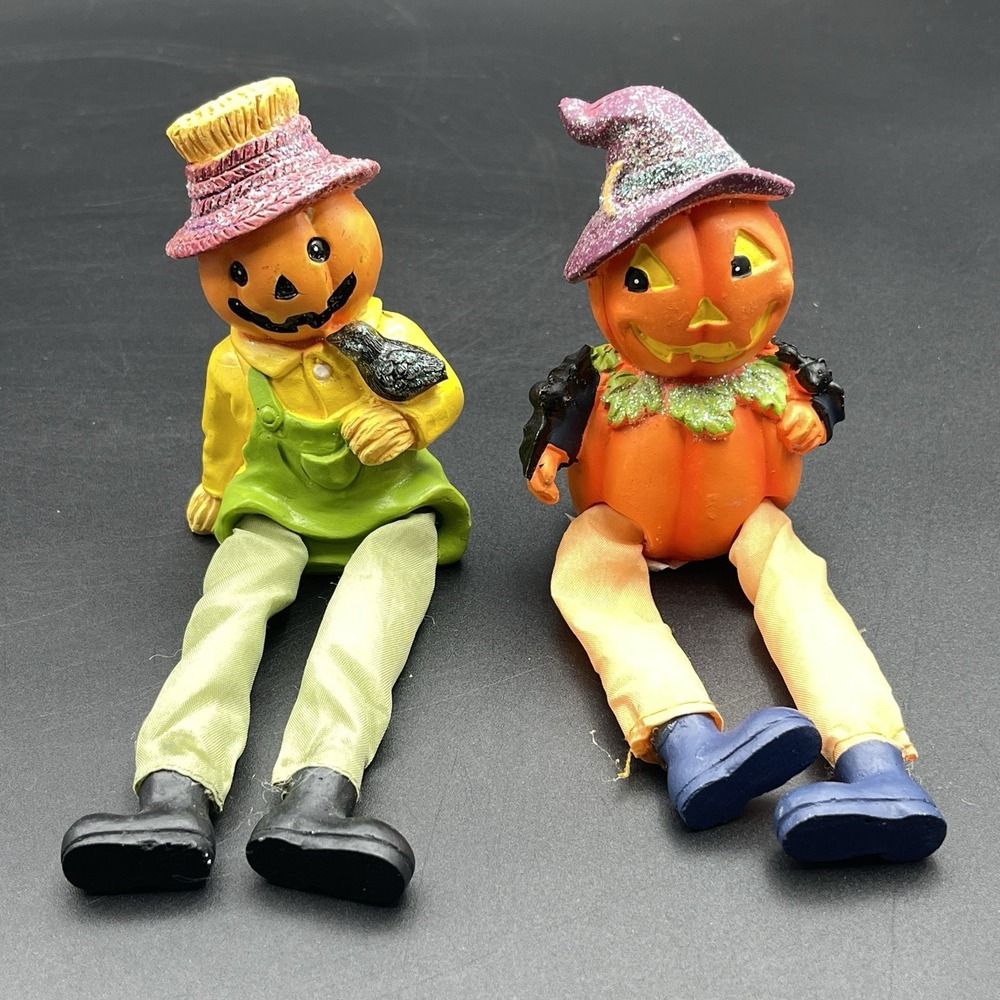 Set of 2 Halloween Jack O Lantern Shelf Sitters Pumpkin Scarecrow Witch Decor